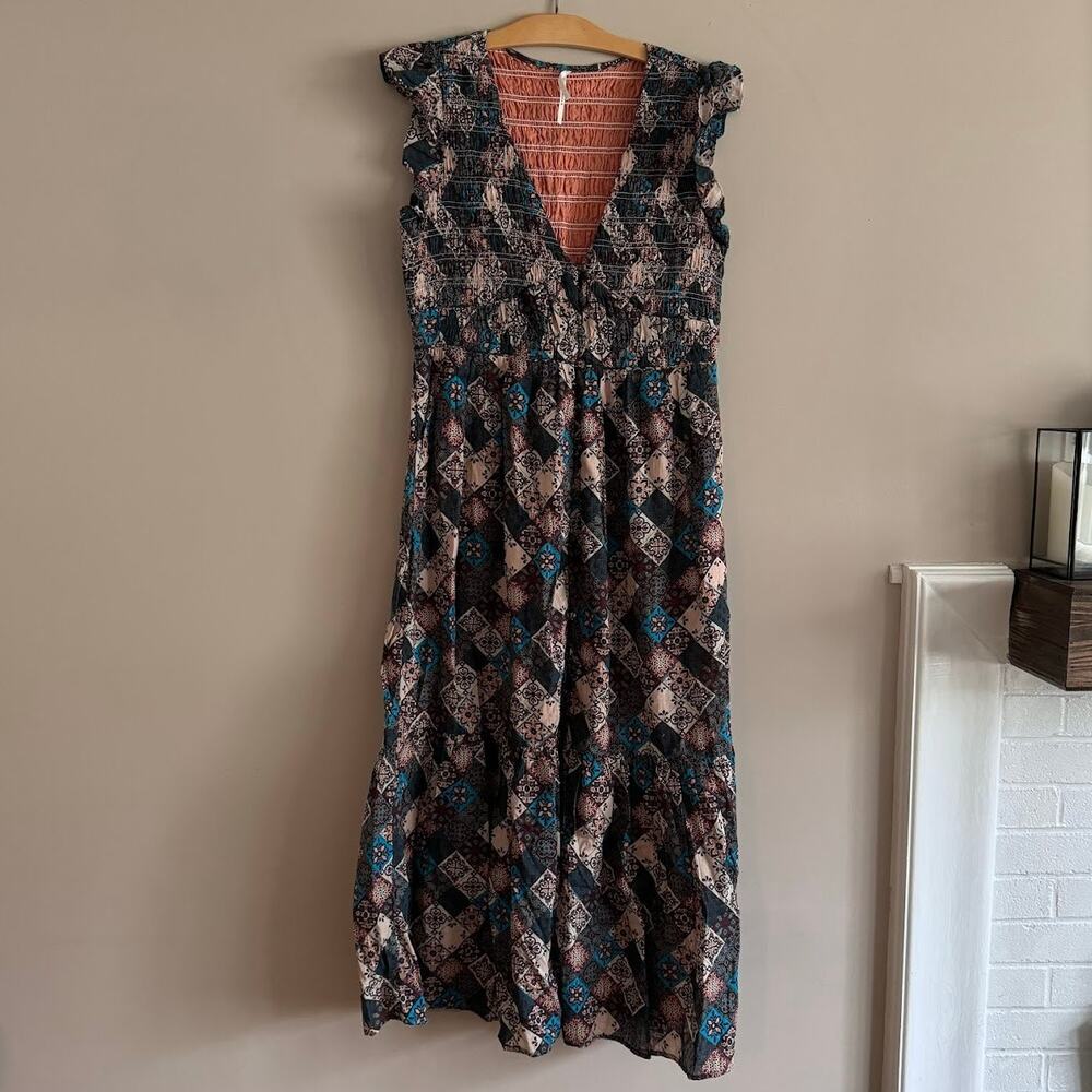 Anthropologie The Peregrine Patchwork Smocked Ruffle Midi Dress Size Large - Picture 2 of 12